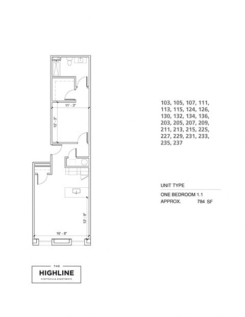 Floor plan for 1 bed, 1 bath, 785 sqft